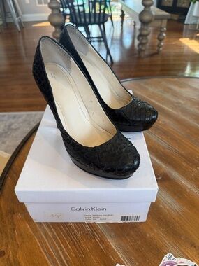 Calvin Klein Black Snakeskin-Texture Platform High Heels